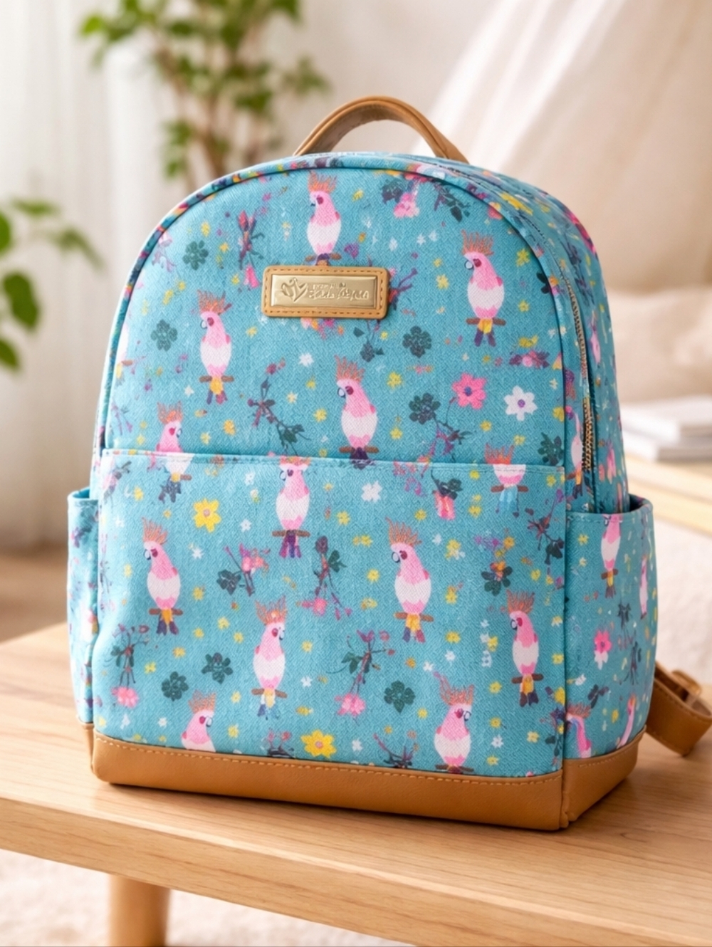 Lily Bloom Teal Floral Cockatoo Mini Backpack with Tan Base